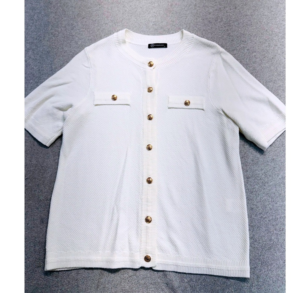 PrettyGarden Knit Cardigan Womens Small White Gold Button Short Sleeve Preppy